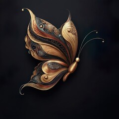Image Description: "Gold Butterfly" The image showcases an elegant, stylized butterfly rendered in shiny metallic gold tones against a solid black background.