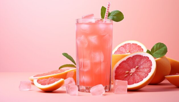 Summer cold cocktail with ice cubes, juice and slices grapefruit on pastel pink background., Summer cold cocktail with ice cubes, juice and slices grapefruit on pastel pink background