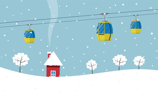 Ski resort with cable cars moving over snow landscape