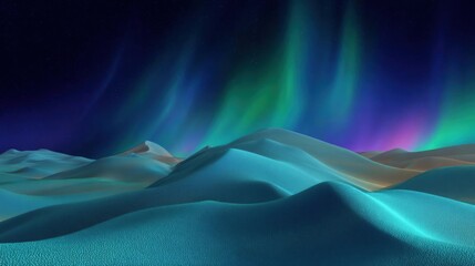 Digital illustration of a desert landscape. the sky is filled with stars and the aurora borealis is visible in the top right corner.