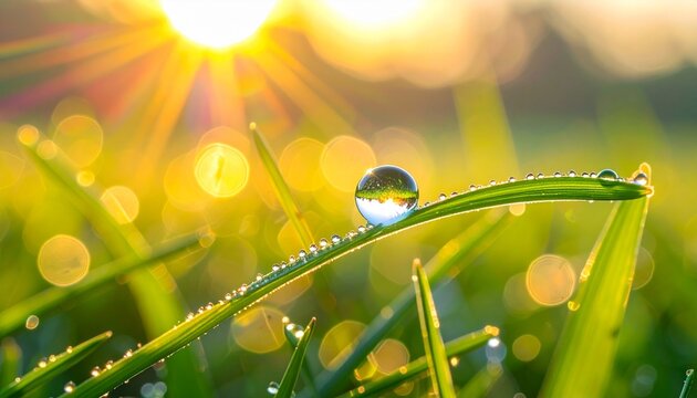 A single sparkling dewdrop on a fresh green blade of grass glistens in the magical golden light of a morning sunrise
