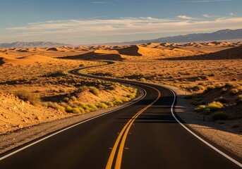 Winding asphalt road stretching through a desert landscape with distant mountains in the background