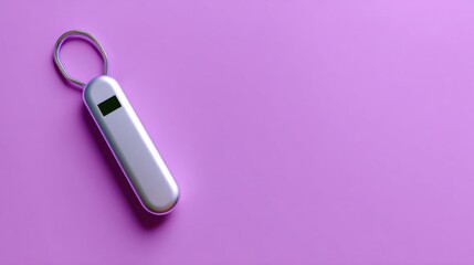 3d rendering of a silver keychain on a purple background. the keychain is in the shape of a rectangular device with a small screen on the top.