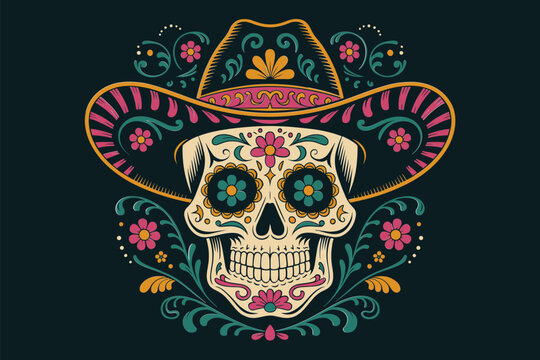 Day of the Dead Calavera Sugar Skull with Sombrero Hat and Intricate Floral Ornaments Vector