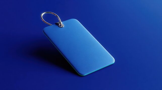 3d rendering of a blue rectangular keychain with a metal ring attached to it. the keychain is placed on a solid blue background. the metal ring is silver in color and appears to be made of metal.