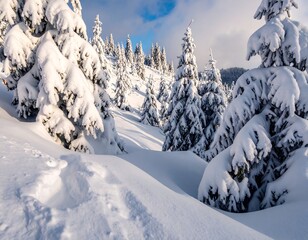 Snow-covered evergreen trees on a bright winter hillside