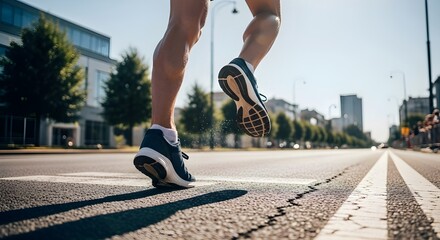 Close-up of marathon runner's legs on city road during athletics competition