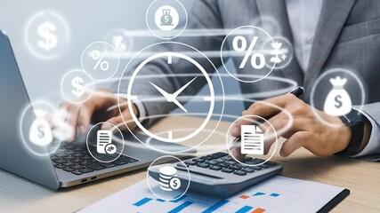Businessman Managing Finance and Time with Digital Interface and Financial Icons, Illustrating Business Efficiency and Technology Integration - Powered by Adobe