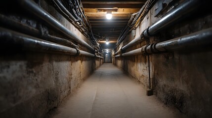 Fototapeta premium Dimly lit underground tunnel passage with numerous pipes and electrical cables running along the rough concrete walls and wooden ceiling