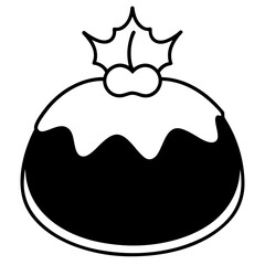 Christmas pudding with holly leaves and berry outline illustration