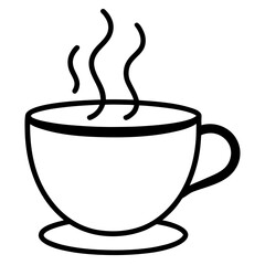 Simple black line art icon of a hot steaming coffee cup image