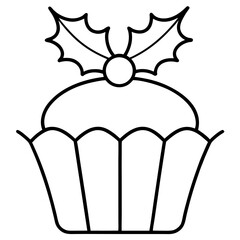 Black and white outline drawing of festive cupcake with holly