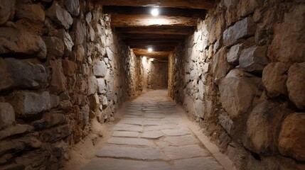 Obraz premium An ancient narrow stone passageway illuminated by dim lights