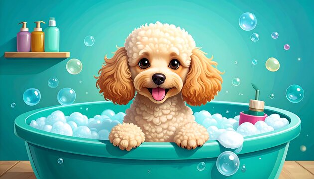 A cute, fluffy dog, a poodle, is in a bubbly tub of water. Soap bottles are on a shelf in the background
