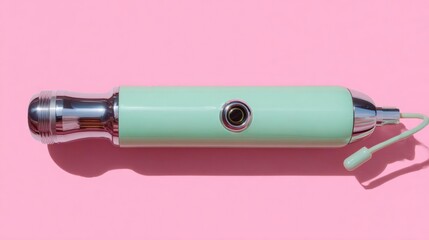 Light green-colored electronic device, which appears to be a vibrating wand. it has a cylindrical body with a silver-colored nozzle at the top and a small circular button in the center.