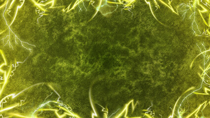 Electric Yellow Lightning Bolts Forming Frame Border on Dark Green Grunge Texture Background for Dynamic Power Energy Design Concept