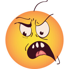 Angry cartoon sun character with yellow orange sphere body white eyes and pink mouth expressing rage and frustration on a transparent background