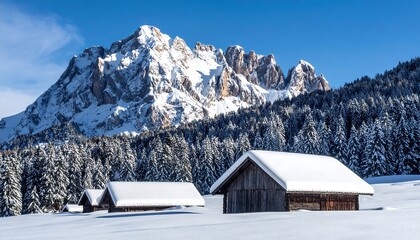 Snow-covered huts nestled in front of a majestic, snow-capped mountain range