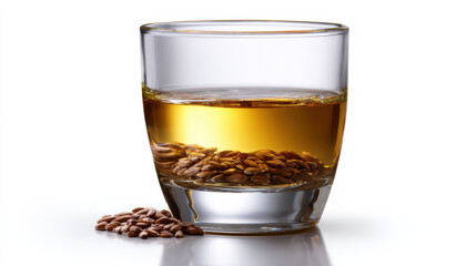 Glass contains golden liquid and barley seeds, showcasing blend of nature essence and purity
