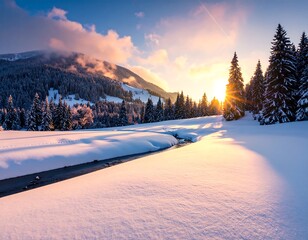 Snow-covered landscape with trees at sunset, mountains, and a stream