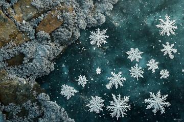 Snowflakes settling on crusty, frozen lichen patches