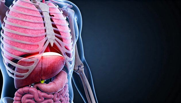 Medically accurate 3D render of the human diaphragm muscle, showing its position between the thoracic and abdominal cavities