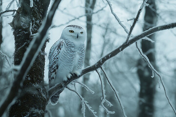snowy owl perched on frost-laden tree branch, its piercing gaze surveying the frozen forest