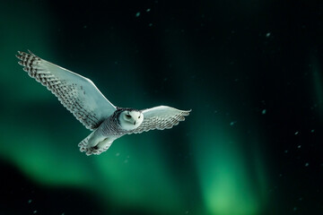 snowy owl soars through the illuminated night sky, gliding beneath curtain of Northern Lights