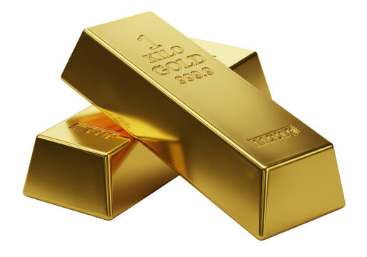 Two identical 999.9 pure 1-kilogram gold bars, polished with razor-sharp edges, stamped '1 KILO GOLD 999.9', subtly overlapping on a transparent background, low angle macro shot, concept of wealth and