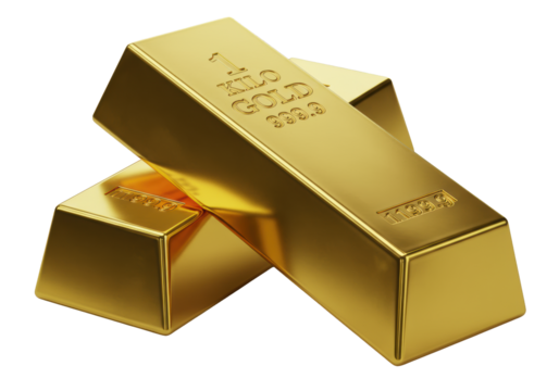 Two identical 999.9 pure 1-kilogram gold bars, polished with razor-sharp edges, stamped '1 KILO GOLD 999.9', subtly overlapping on a transparent background, low angle macro shot, concept of wealth and