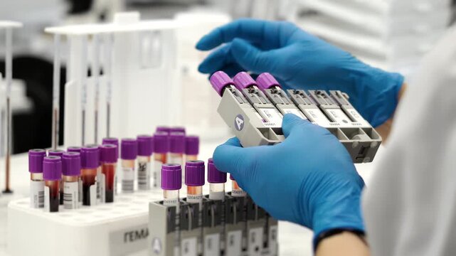 Laboratory technician places blood collection tubes into analyzer cassette for automated diagnostic testing in modern medical laboratory environment.