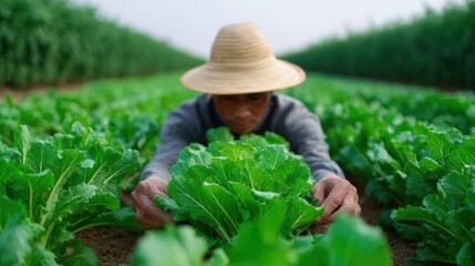 Man in a field of green plants. he is wearing a straw hat and a grey shirt. the man is holding a large leafy green plant in his hands and appears to be tending to it.