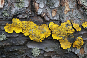 Spotted yellow lichen contrasting against dark mahogany bark