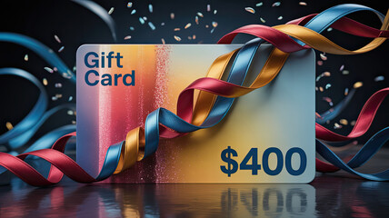 Gift card with $400 value surrounded by colorful ribbons and confetti  