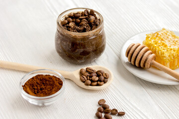 preparation scrub of ground coffee and honey top view
