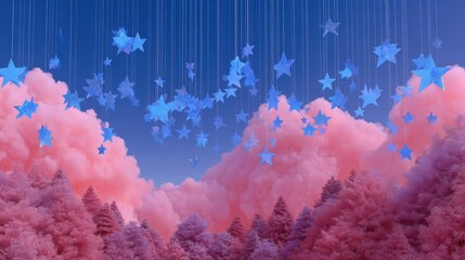 Digital illustration of a forest with pink and blue clouds in the background. the sky is a deep blue color and there are several blue stars hanging from strings above the trees.