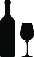 Wine bottle and glass vector illustration, black silhouette icon for bar, restaurant, winery, alcohol, beverage, celebration, party, and elegant minimalist design artwork