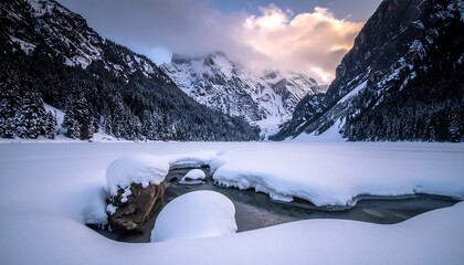 Snow-covered mountain range beside a partially frozen lake, misty sky