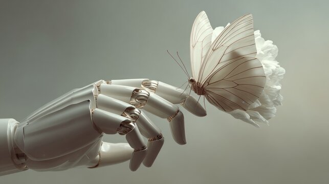 A robotic hand holding a white flower with a butterfly on it. Concept of wonder and fascination with the beauty of nature and the potential of technology to create art