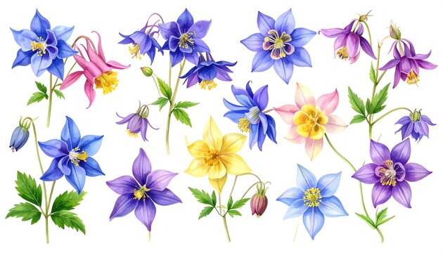 Watercolor illustration showcasing vibrant, multi-colored Columbine flowers with detailed petals and green stems against a white backdrop
