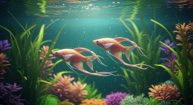 Two longfin fish swimming gracefully in a vibrant underwater tank