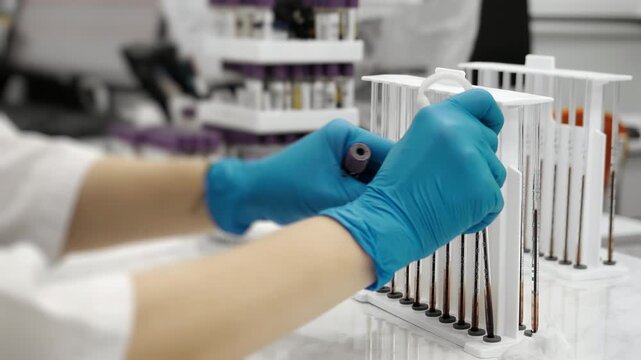 Close up of laboratory technician hands in gloves using pipette to isolate red blood cells from test tube for hematology analysis in medical lab indoors.