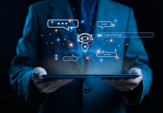 Businessman holding digital tablet with glowing AI chatbot hologram and chat bubbles, representing artificial intelligence, virtual communication, and technology innovation.