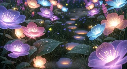 A vibrant garden of glowing, colorful flowers with a serene, ethereal atmosphere.