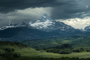storm rolling over towering mountain range, lightning flashing in the dark sky