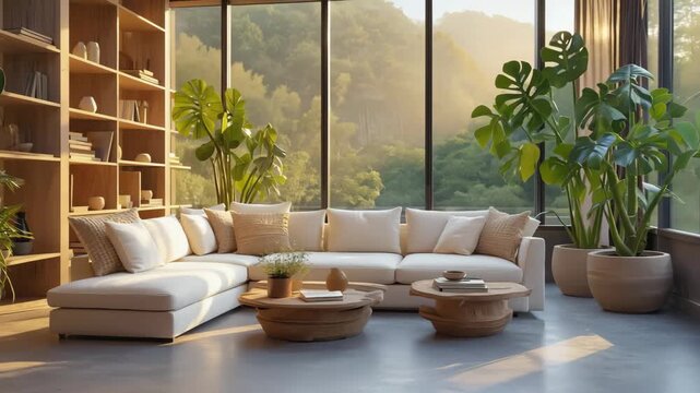 Modern Living Room Serenity Natural Light Sunlight Through Large Windows Lush Green Plants Ai HD video.	
