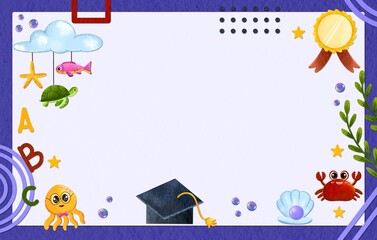 Cute Education Certificate Frame for Children with Sea Animal and Graduation Cap Elements
