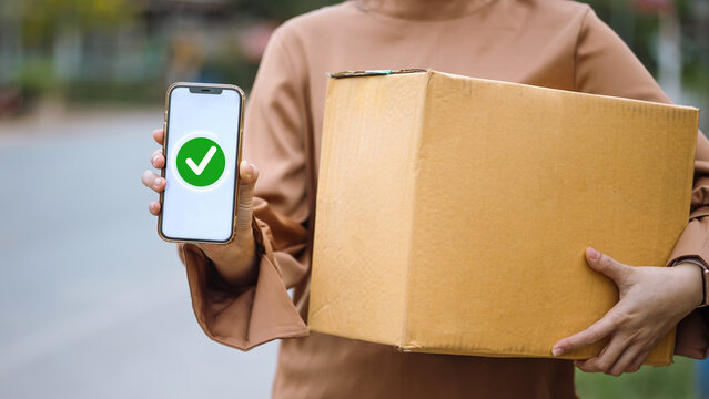 Person holding smartphone with check mark and cardboard box, online delivery and order confirmation concept