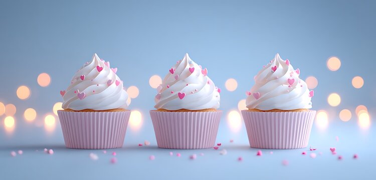 Festive cupcakes topped with cream and heart sprinkles glowing lights - Powered by Adobe