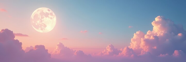 Obraz premium Bright young moon hangs in soft pastel sky, delicate clouds, night, moon, light